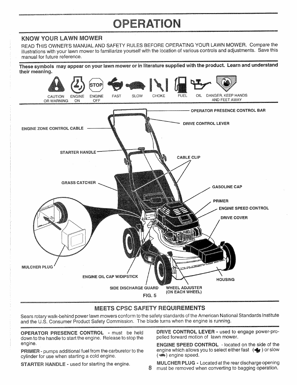 Know your lawn mower, Meets cpsc safety requirements, Operation | Sears 917.372851 User Manual | Page 8 / 28