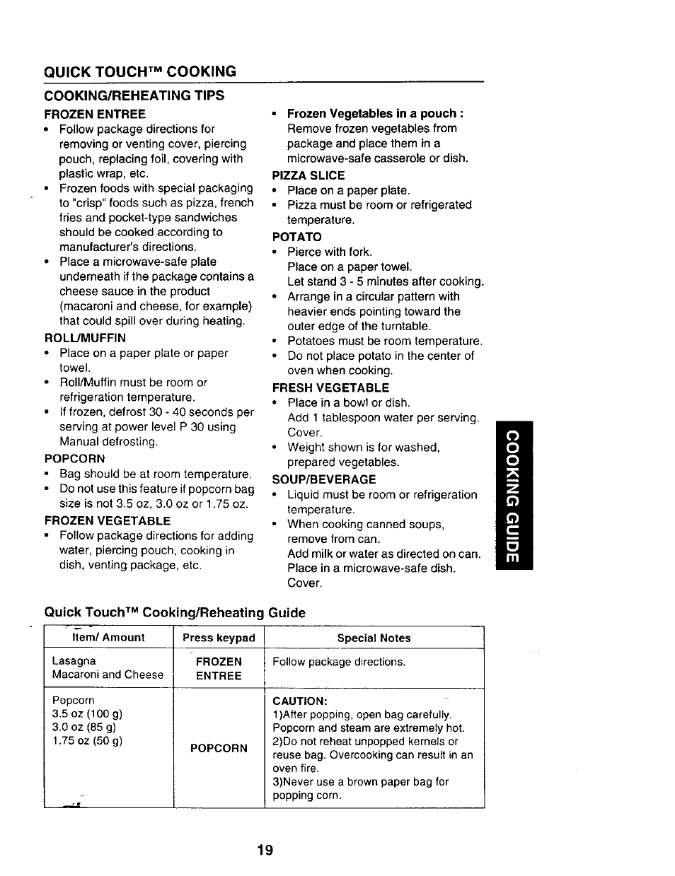 Quick touch™ cooking | Sears 565.69401 User Manual | Page 19 / 30