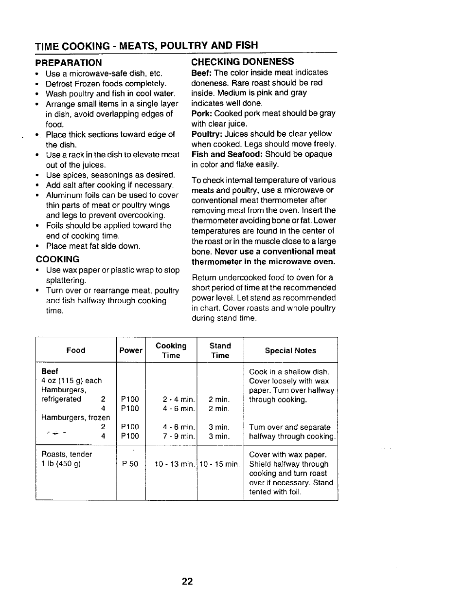 Time cooking - meats, poultry and fish | Sears 565.69401 User Manual | Page 22 / 30