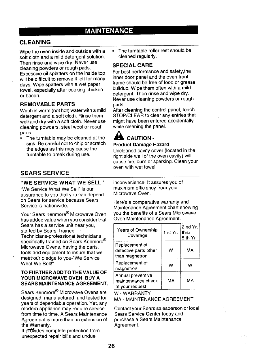 Maintenance | Sears 565.69401 User Manual | Page 26 / 30