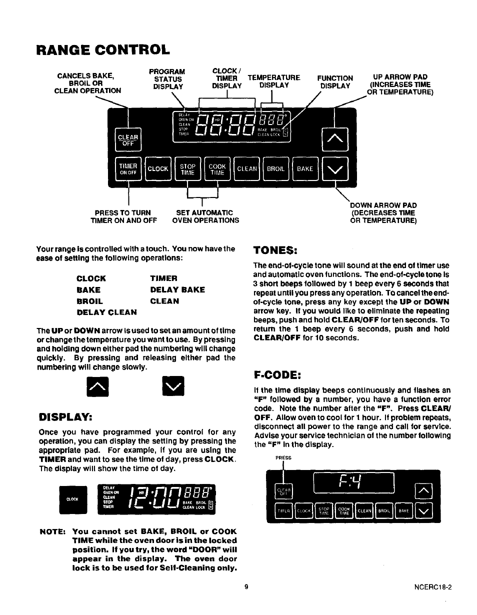 Range control, Display, Tones | F-code, R.'i | Sears KENMORE 36745 User Manual | Page 10 / 25