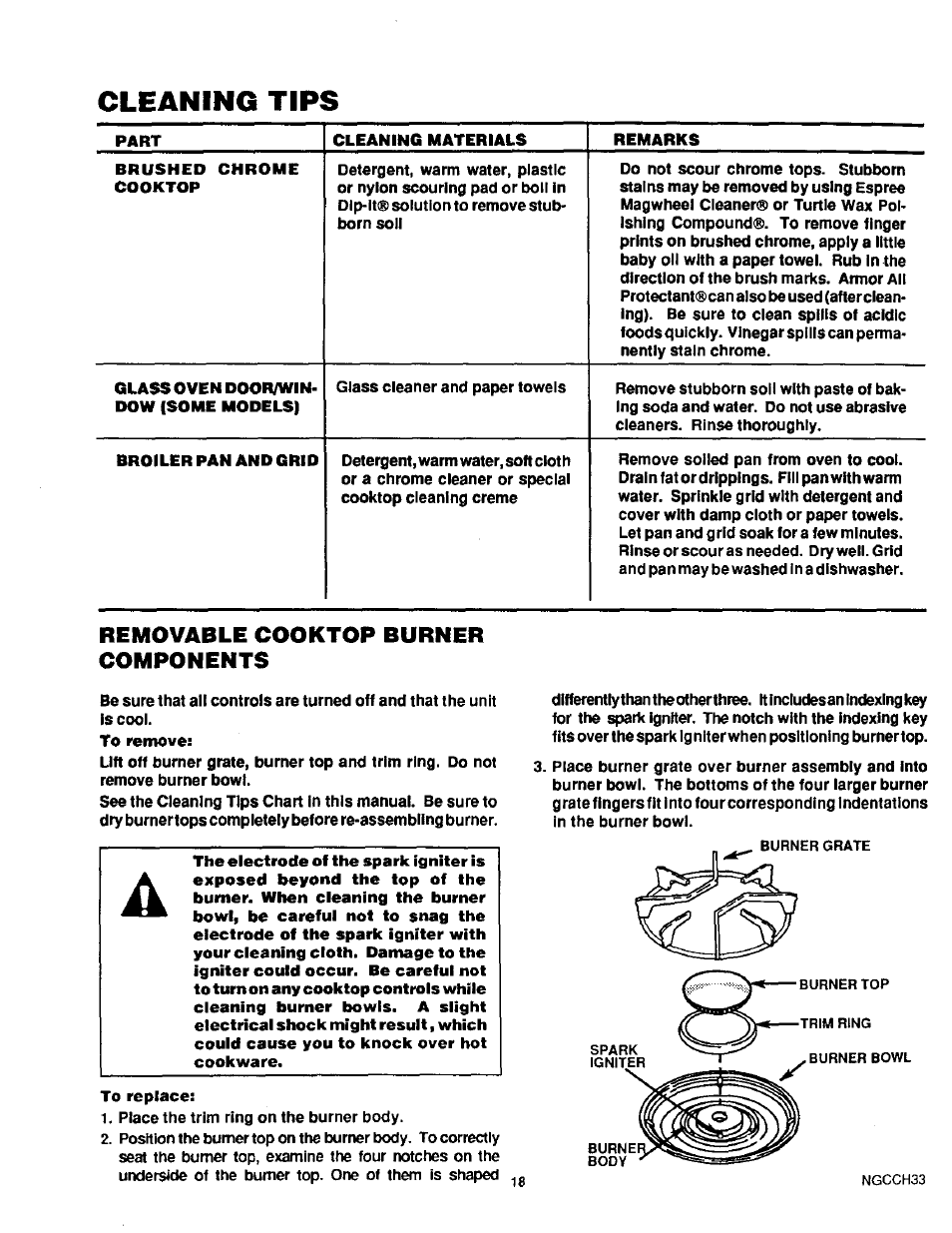 Cleaning tips, Removable cooktop burner components | Sears KENMORE 36745 User Manual | Page 19 / 25