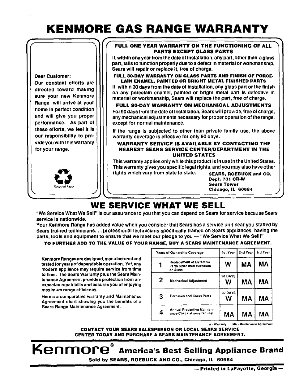 We service what we sell, Kenmore, Kenmore gas range warranty | Wma ma 2, Wma ma, America’s best selling appliance brand | Sears KENMORE 36745 User Manual | Page 25 / 25