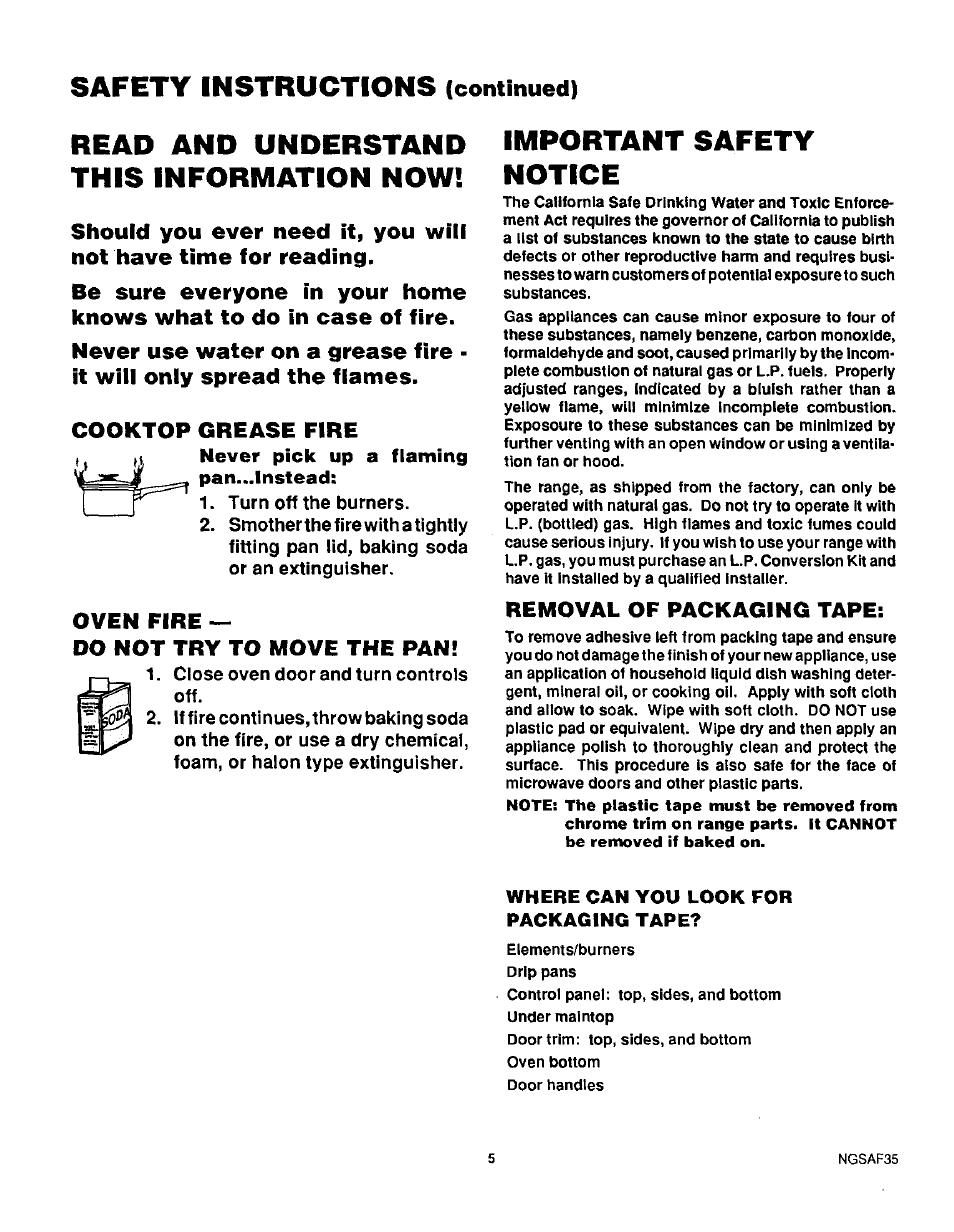 Safety instructions (continued), Read and understand this information now, Cooktop grease fire | Oven fire -do not try to move the pan, Important safety notice, Removal of packaging tape | Sears KENMORE 36745 User Manual | Page 6 / 25