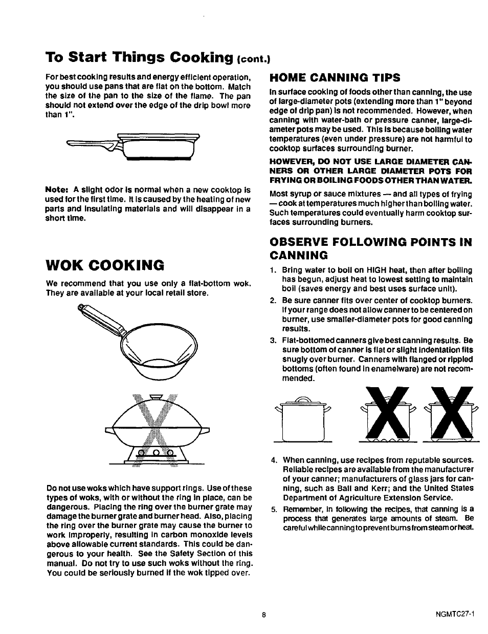 To start things cooking (cont.), Wok cooking, Home canning tips | Observe following points in canning | Sears KENMORE 36745 User Manual | Page 9 / 25