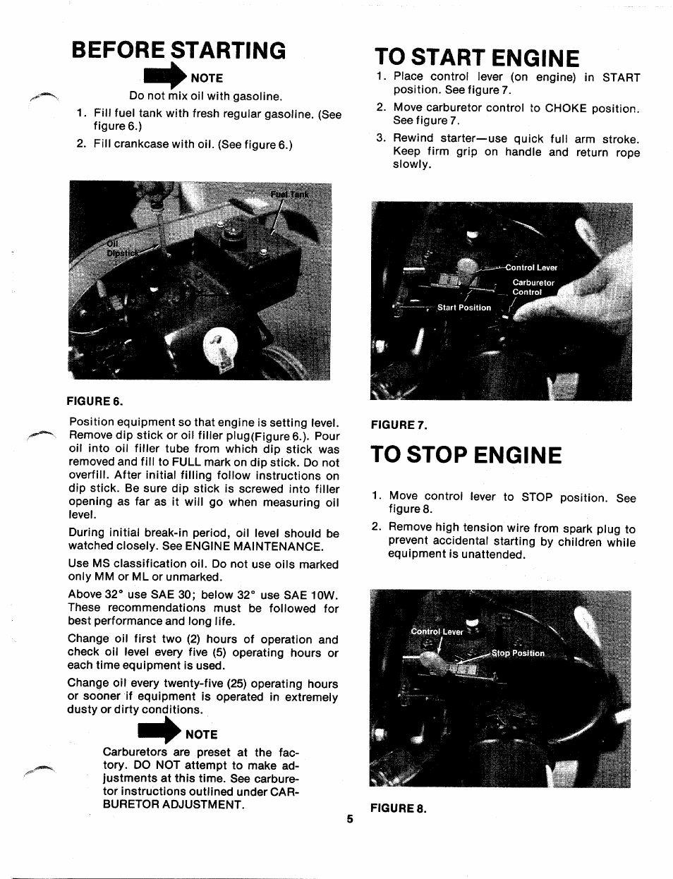 Before starting, To start engine, To stop engine | Sears 247-650A User Manual | Page 5 / 12