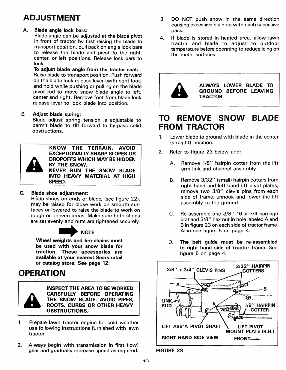 Adjustment, Operation, To remove snow blade from tractor | Sears 486.244062 User Manual | Page 10 / 16