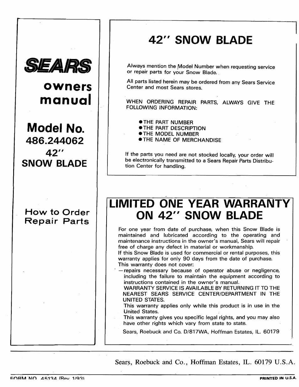 42" snow blade, Limited one year warranty on 42" snow blade, Owners manual | Model no, Snow blade, How to order repair parts | Sears 486.244062 User Manual | Page 16 / 16