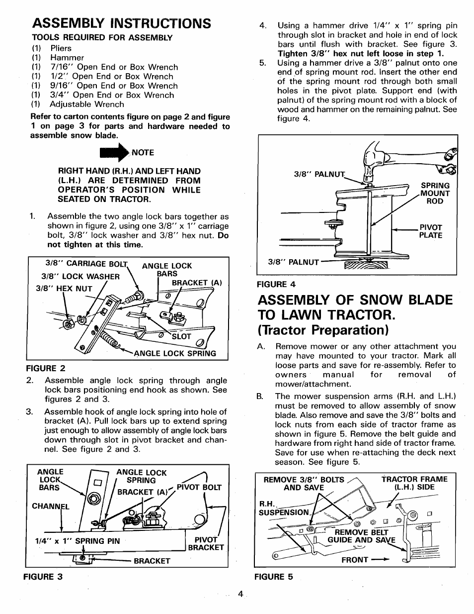 Assembly instructions, Assembly of snow blade to lawn tractor, Tractor preparation) | Sears 486.244062 User Manual | Page 4 / 16