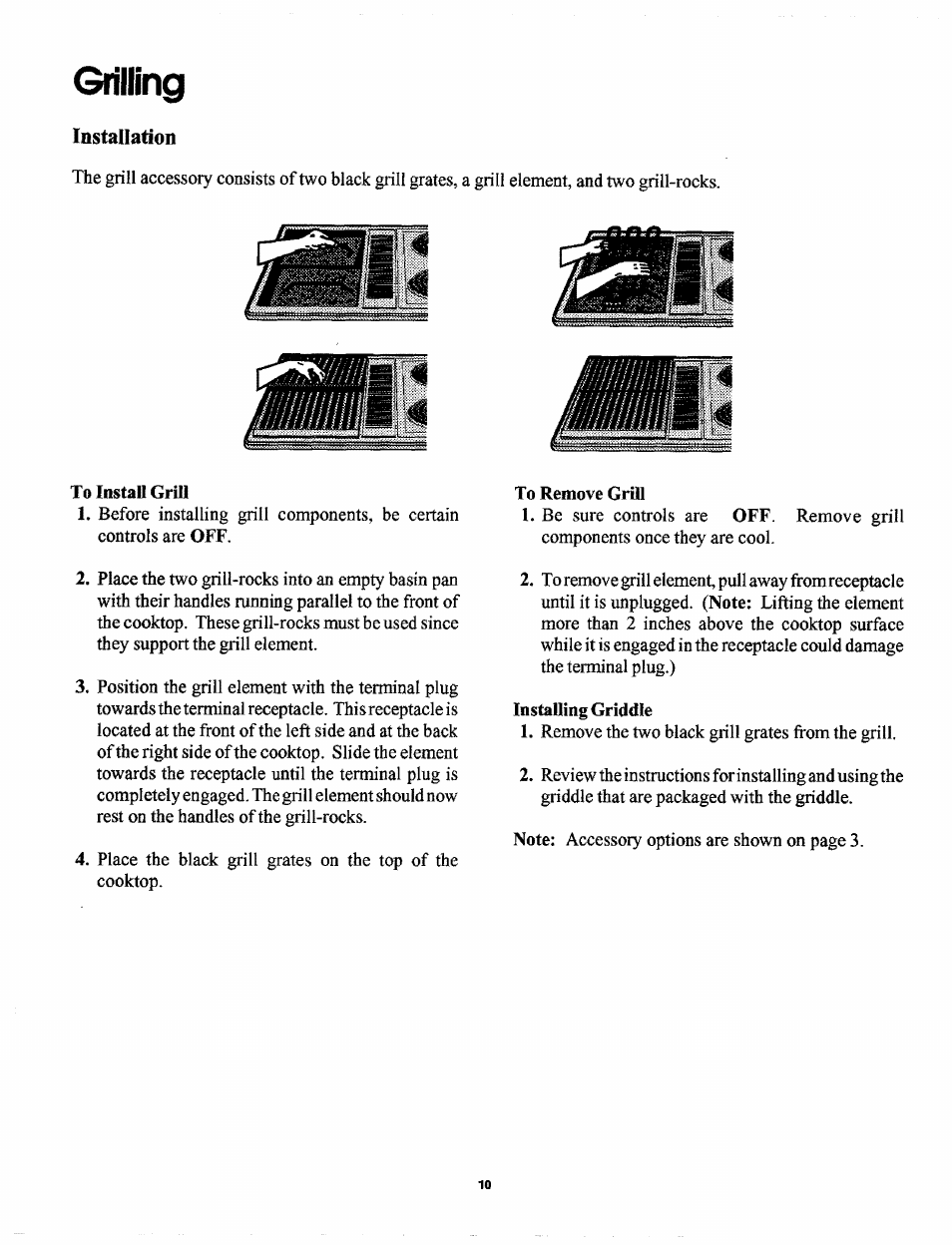 Grilling, Installation, To instau grill | To remove grtll, Installing griddle | Sears 629.42869 User Manual | Page 10 / 16