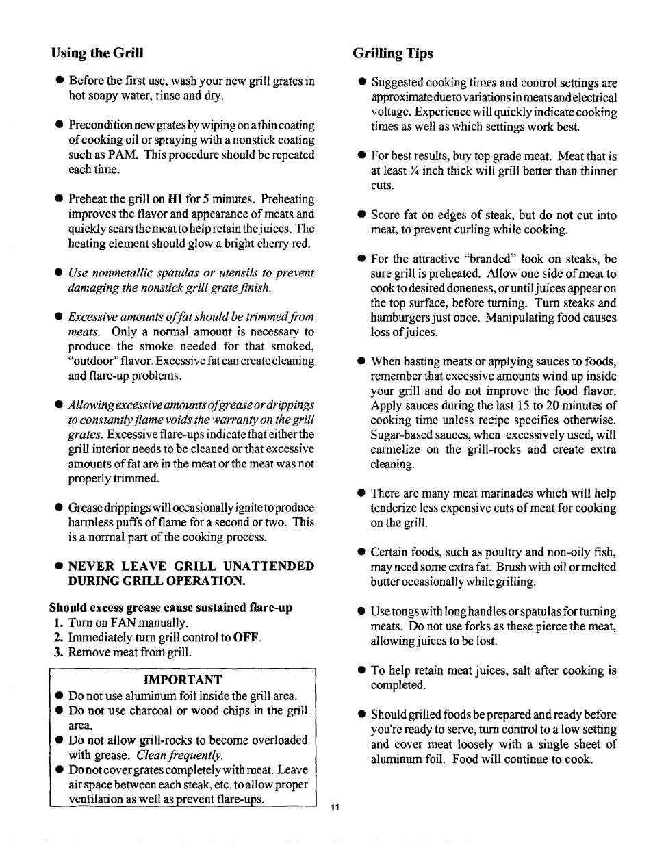 Using the grill, Should excess grease cause sustained flare-up, Using the grill grilling tips | Sears 629.42869 User Manual | Page 11 / 16
