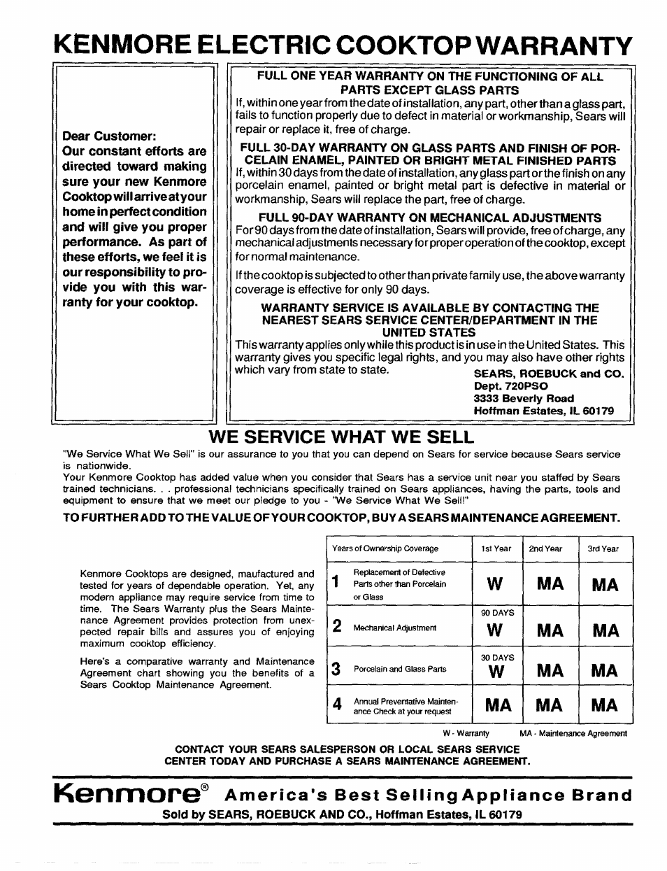 Kenmore electric cooktop warranty, Full 90-day warranty on mechanical adjustments, United states | Kenmore, We service what we sell, Wma ma 2, Wma ma | Sears 629.42869 User Manual | Page 16 / 16