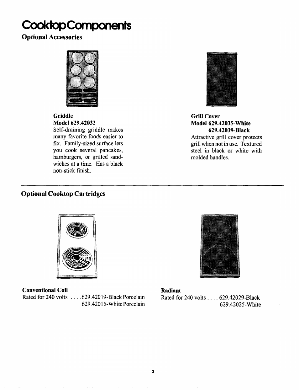 Cooktopcomponerris, Griddle, Grill cover | Radiant, Cooktop components | Sears 629.42869 User Manual | Page 3 / 16