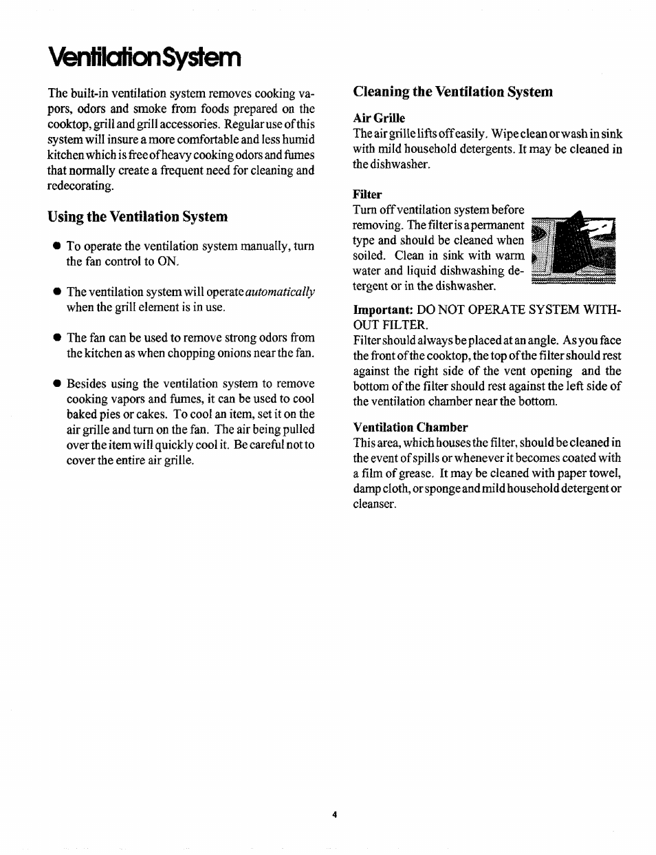 Vbrrtilationsystem, Using the ventilation system, Cleaning the ventilation system | Air grille, Filter, Ventilation chamber | Sears 629.42869 User Manual | Page 4 / 16