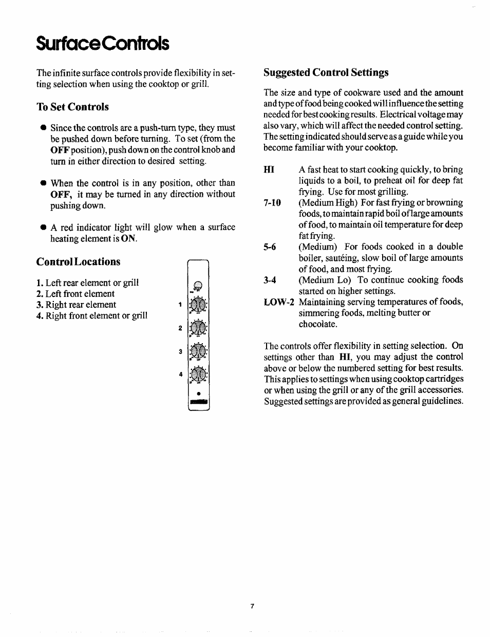 Surfciceconfrols, To set controls, Control locations | Suggested control settings, Surfece controls | Sears 629.42869 User Manual | Page 7 / 16