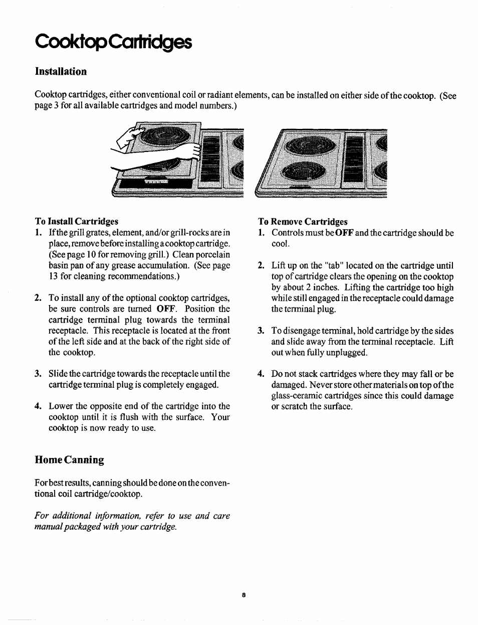 Cooktopcartridges, To install cartrid ges, To remove cartridges | Cooktop cartridges | Sears 629.42869 User Manual | Page 8 / 16