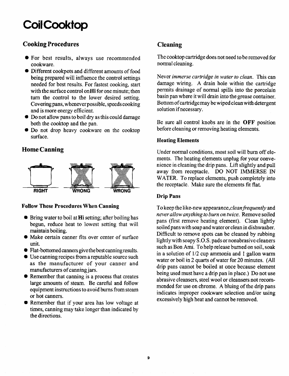 Coil cooktop, Cooking procedures, Home canning | Cleaning, Heating elements | Sears 629.42869 User Manual | Page 9 / 16