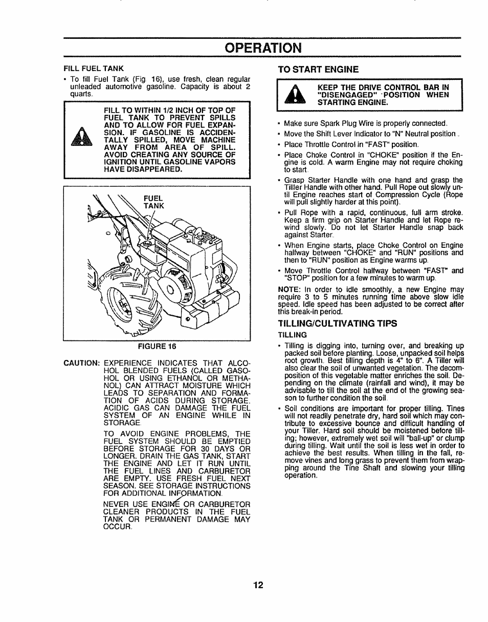 To start engine, Tilling/cultivating tips, Opermion | Sears 917.299642 User Manual | Page 12 / 36