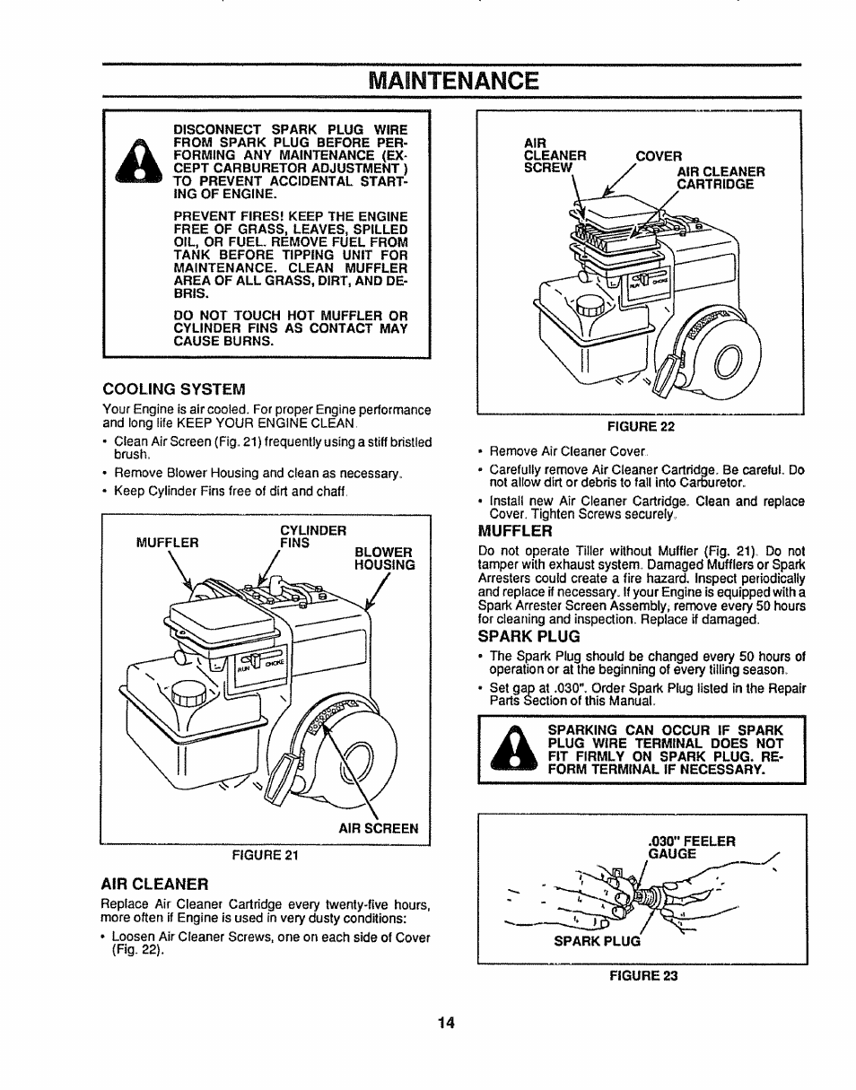 Maintenance, Cooling system, Air cleaner | Muffler, Spark plug | Sears 917.299642 User Manual | Page 14 / 36