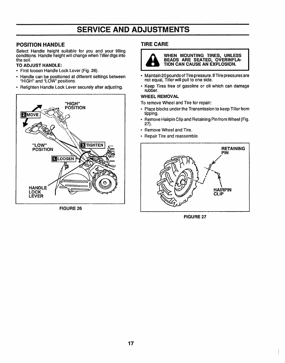 Position handle, Tire care, Service and adjustments | Sears 917.299642 User Manual | Page 17 / 36