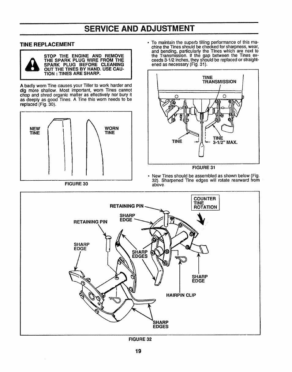 Tine replacement, Service and adjustment | Sears 917.299642 User Manual | Page 19 / 36