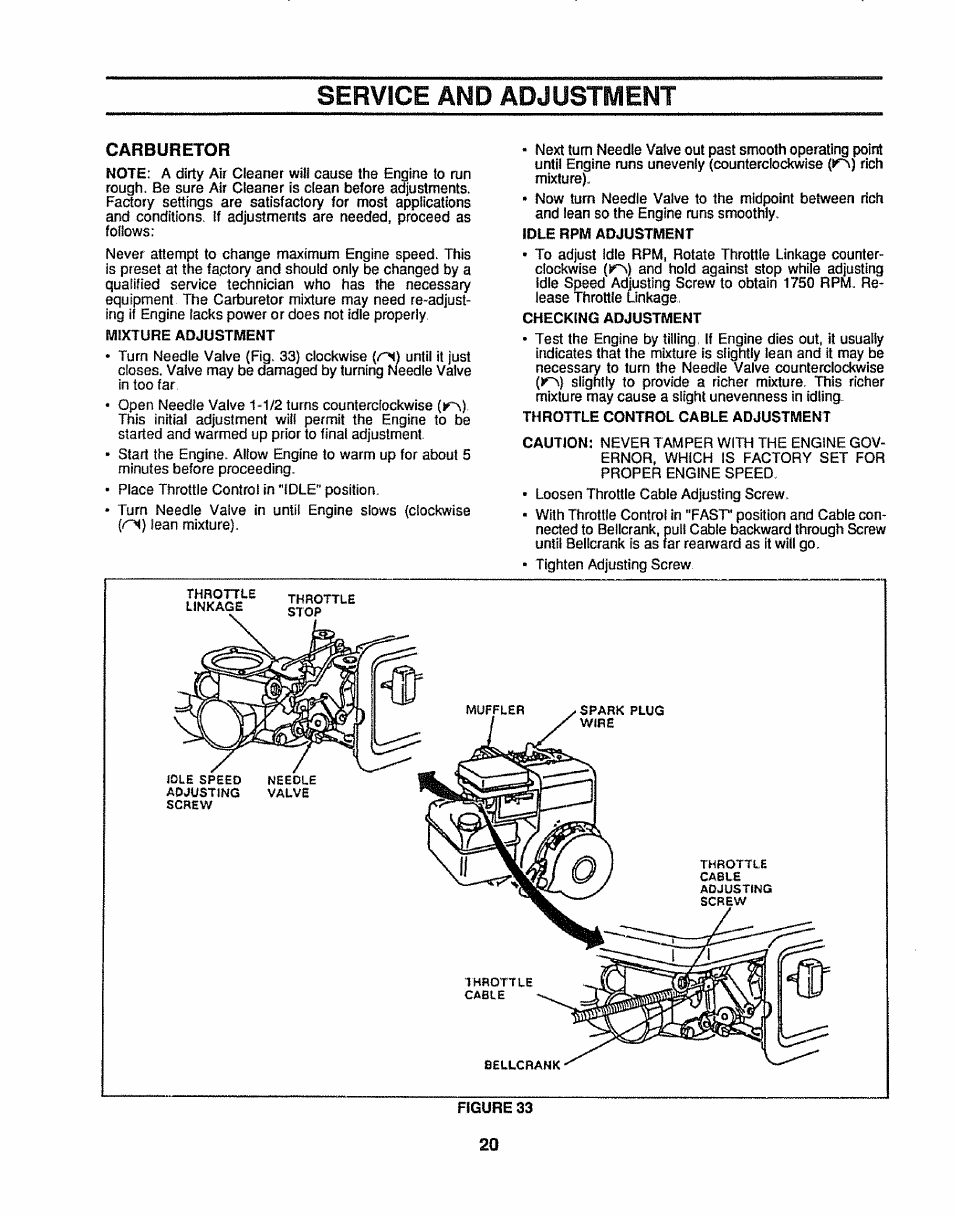 Carburetor, Service and adjustment | Sears 917.299642 User Manual | Page 20 / 36