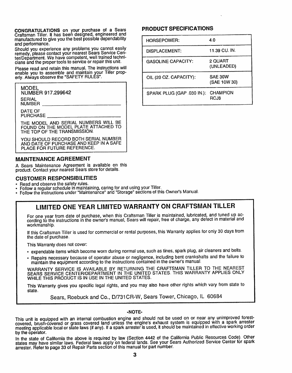 Maintenance agreement, Customer responsibilities | Sears 917.299642 User Manual | Page 3 / 36