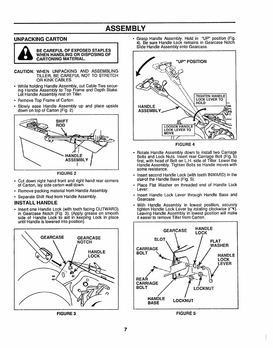 Unpacking carton, Install handle, Assembly | Sears 917.299642 User Manual | Page 7 / 36