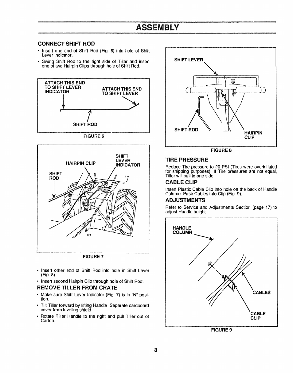 Connect shift rod, Remove tiller from crate, Tire pressure | Cable clip, Adjustments, Assembly | Sears 917.299642 User Manual | Page 8 / 36