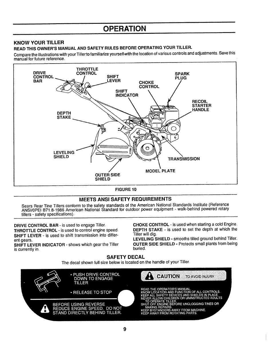 Meets ansi safety requirements, Safety decal, Operation | Sears 917.299642 User Manual | Page 9 / 36