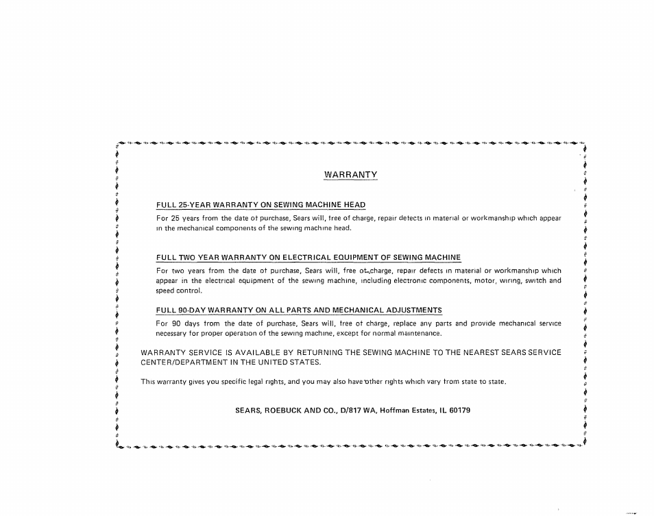 Warranty | Sears 385. 19601 User Manual | Page 106 / 107