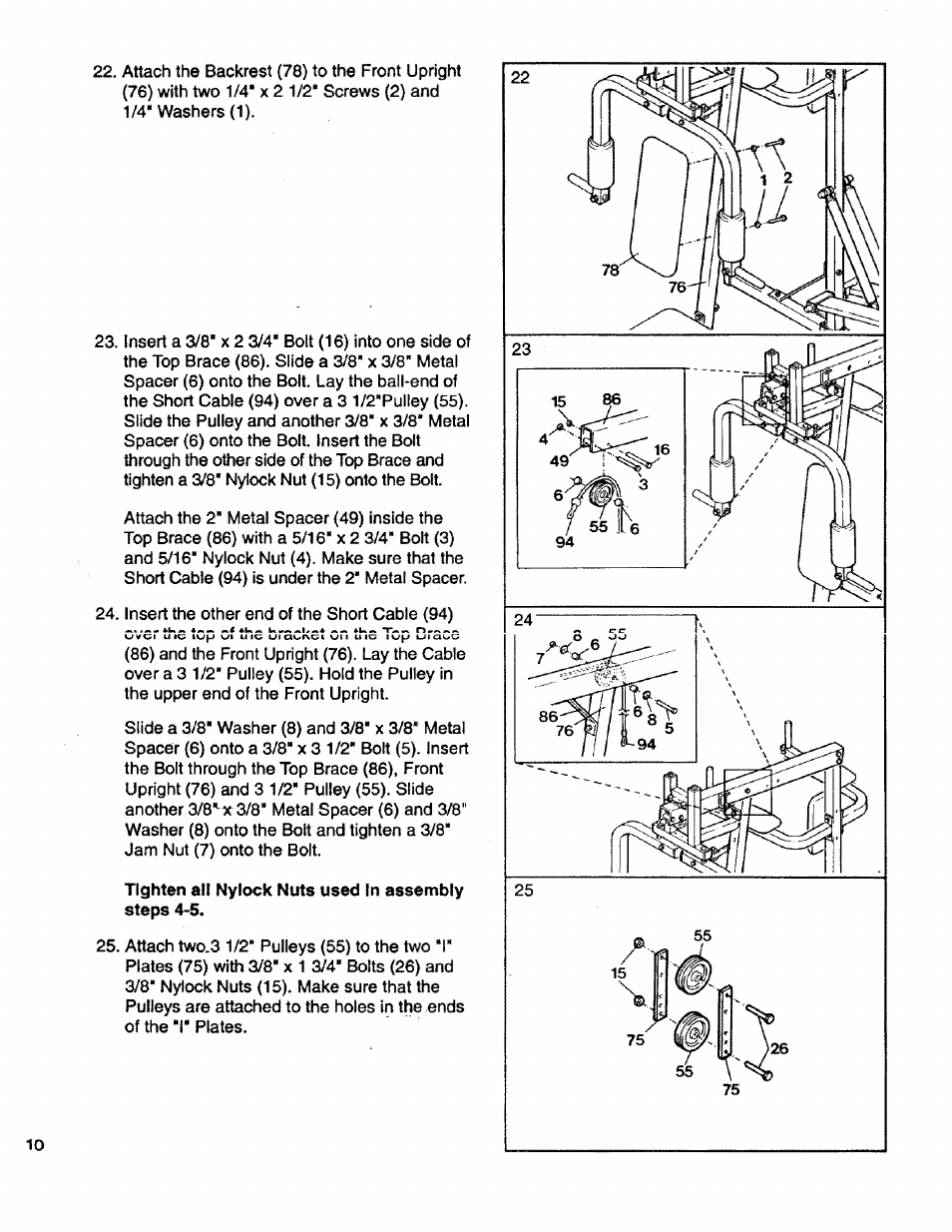 Tighten all nylock nuts used in assembly steps 4-5 | Sears LIFESTULER SYSTEM 40 831.15931 User Manual | Page 10 / 24