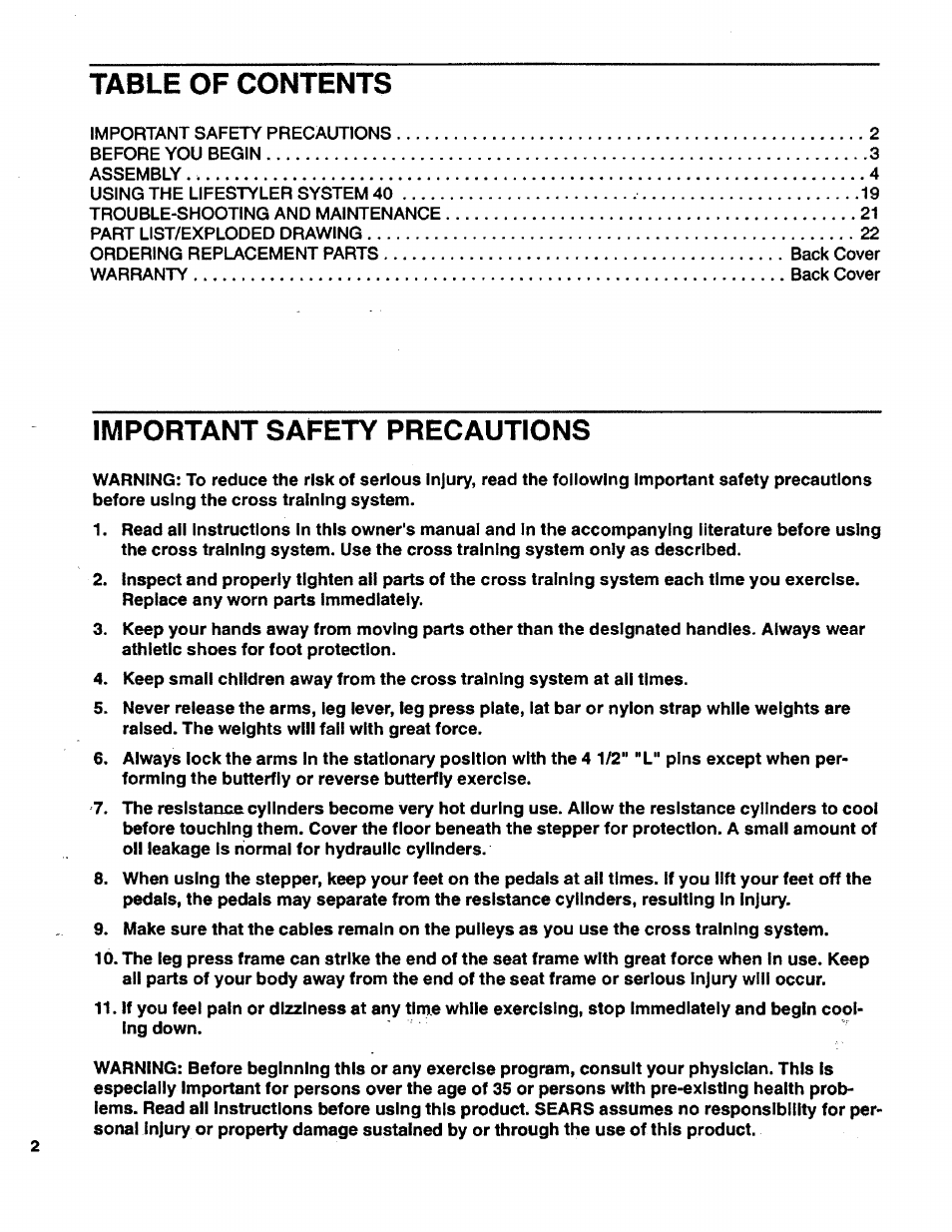 Sears LIFESTULER SYSTEM 40 831.15931 User Manual | Page 2 / 24