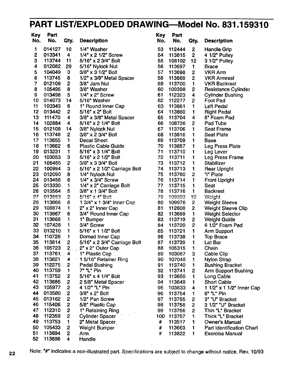 Part list/exploded drawing—model no. 831.159310 | Sears LIFESTULER SYSTEM 40 831.15931 User Manual | Page 22 / 24