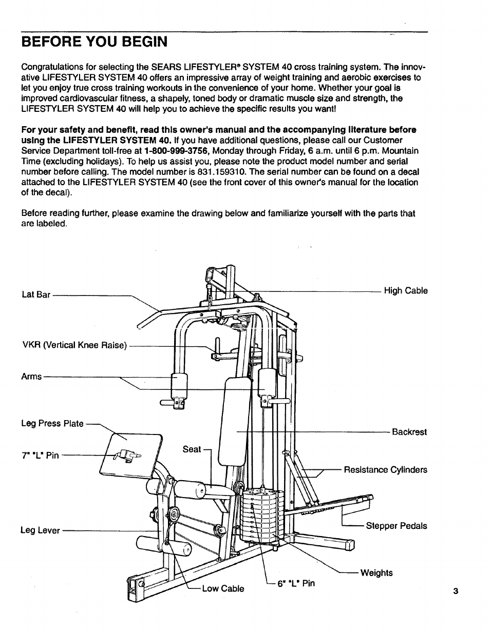 Before you begin | Sears LIFESTULER SYSTEM 40 831.15931 User Manual | Page 3 / 24