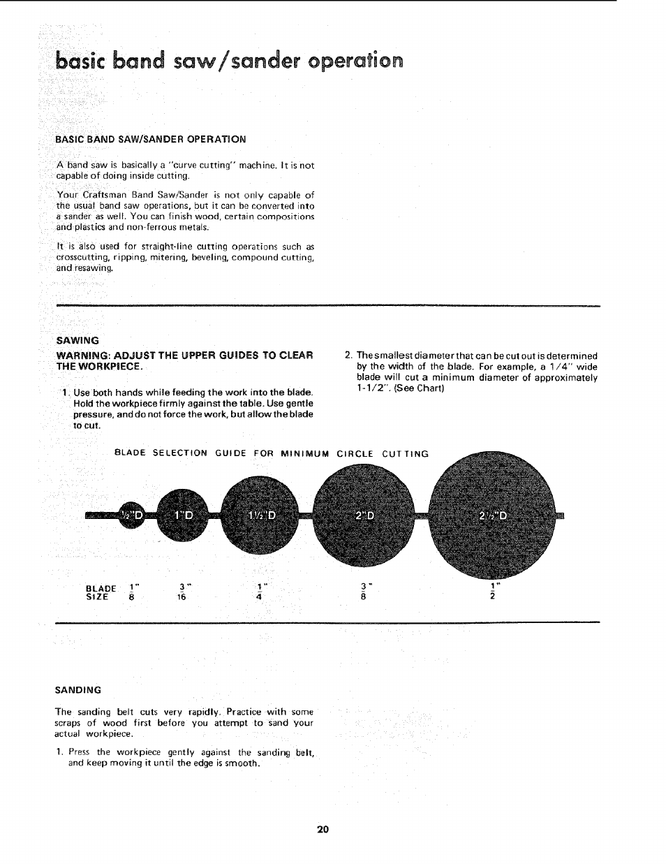 Iisic borid saw/sander operation, Basic band saw/sander operation | Sears 113.243311 User Manual | Page 20 / 32