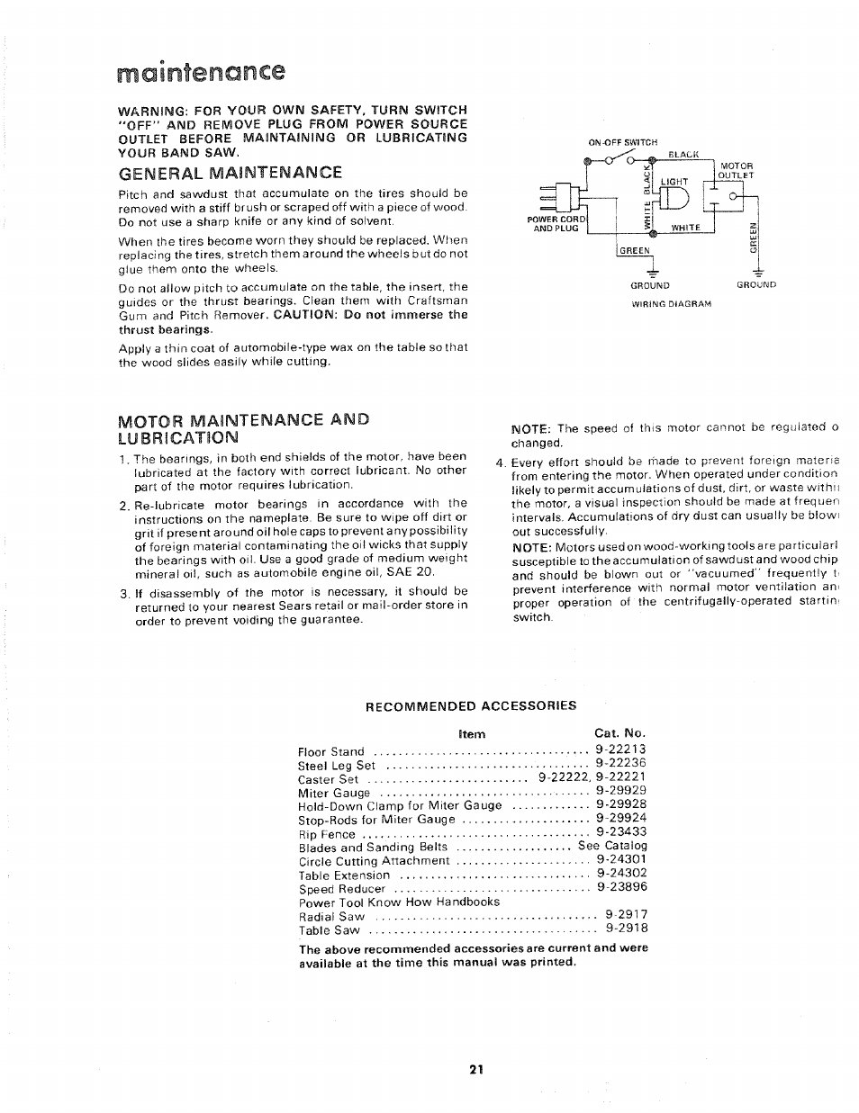 Mainîenance | Sears 113.243311 User Manual | Page 21 / 32