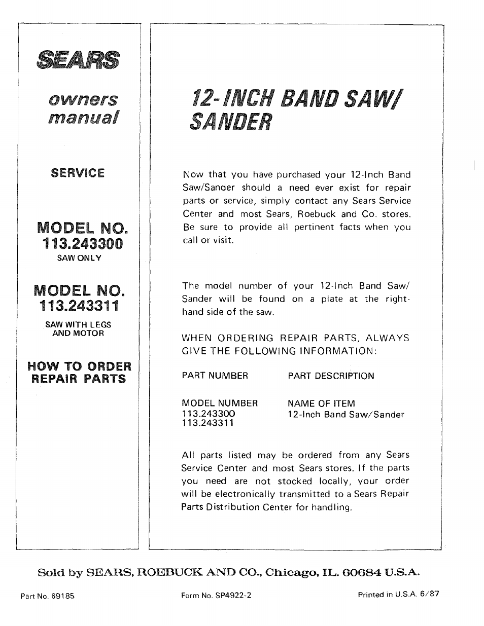 Model no. 113.243300, Model no. 113.243311, Owners manuas | Inch bandsaw/ sander | Sears 113.243311 User Manual | Page 32 / 32