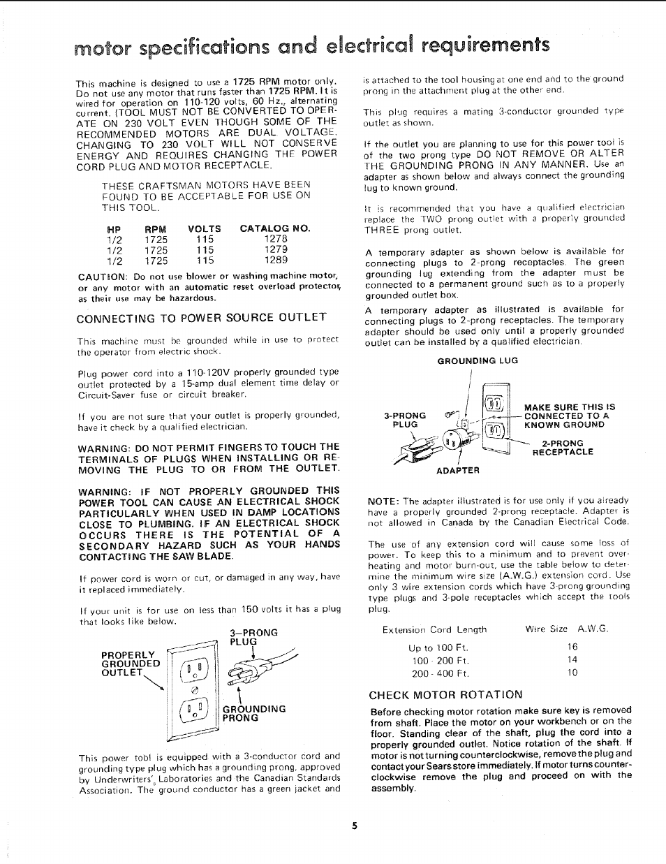 Motor specifications and eléctrica! requirements, Check motor rotation | Sears 113.243311 User Manual | Page 5 / 32