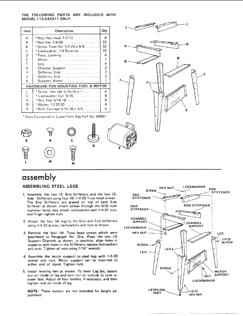 Assembly, Assembling steel legs | Sears 113.243311 User Manual | Page 7 / 32