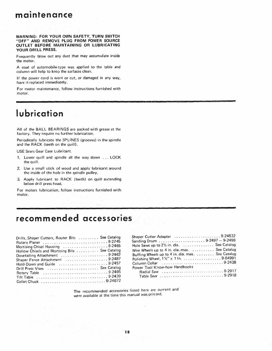 Mainfenonce, Lubrication, Recommended accessories | Sears 113.21371 User Manual | Page 18 / 24