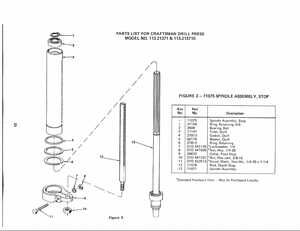 Figure 3 - 71075 spindle assembly, stop | Sears 113.21371 User Manual | Page 23 / 24