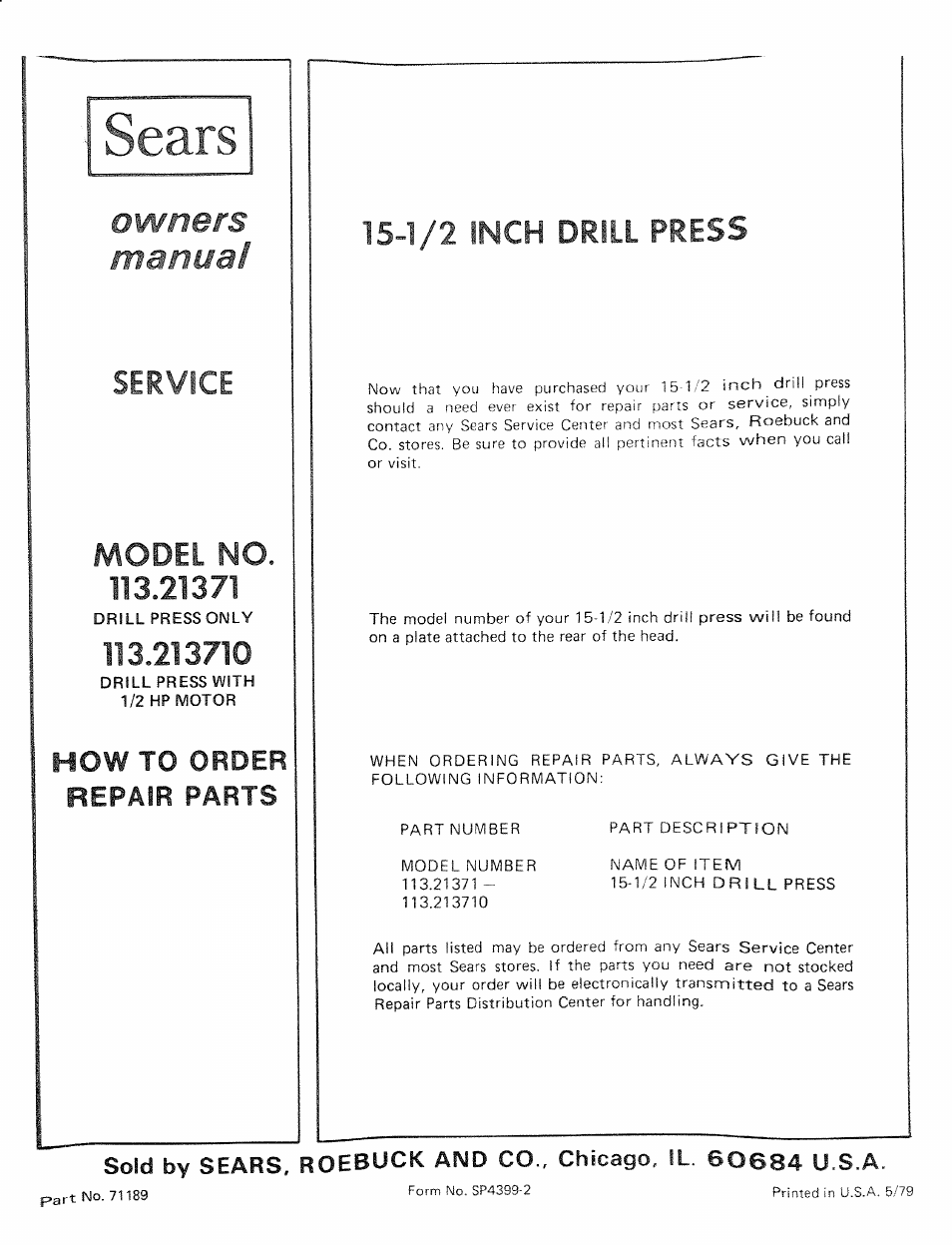 Sears, Drill press only, Drill press with | Owners manual, Service model no, How to order repair parts, 15^1/2 inch drill press | Sears 113.21371 User Manual | Page 24 / 24