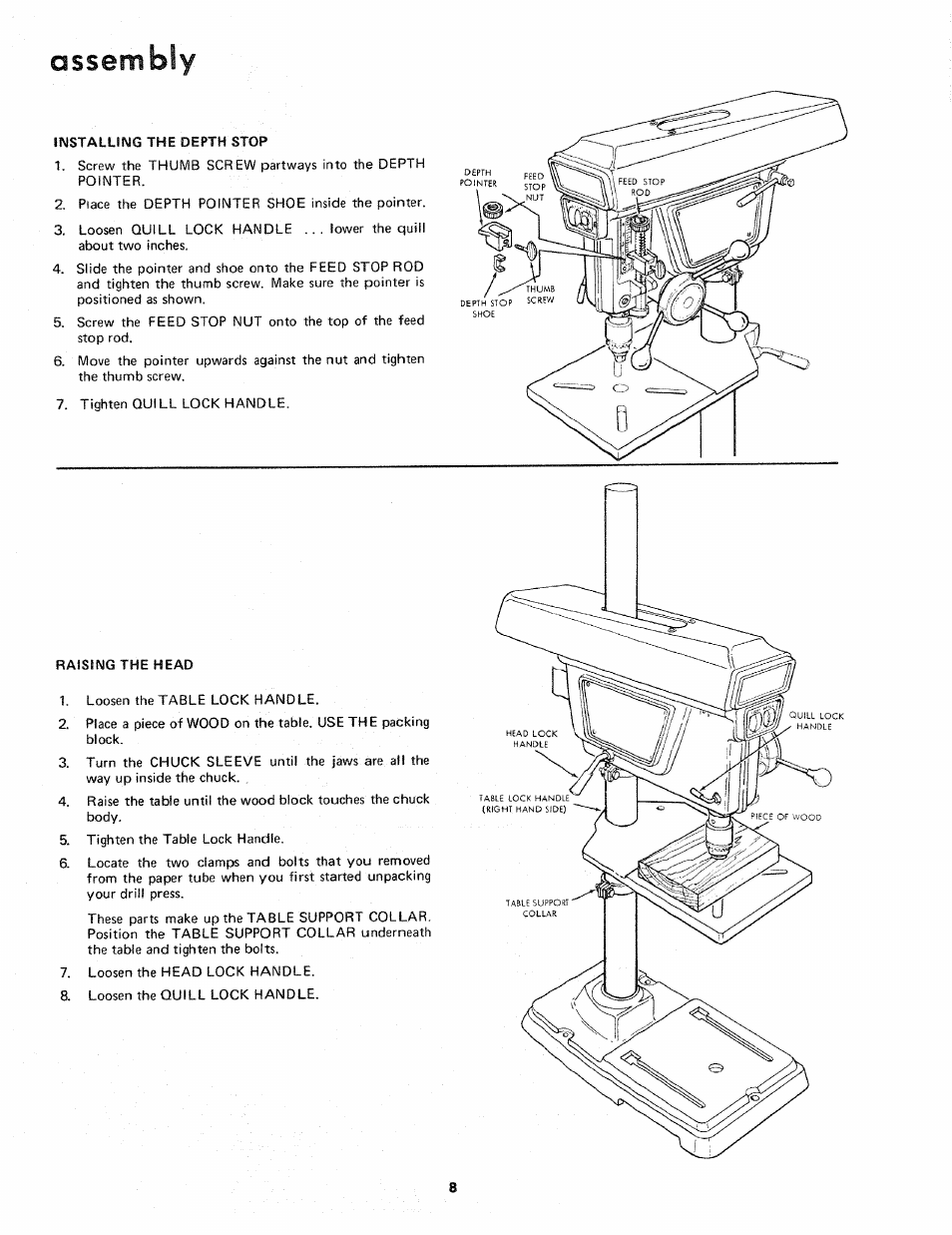 Installing the depth stop, Raising the head, Assembly | Sears 113.21371 User Manual | Page 8 / 24