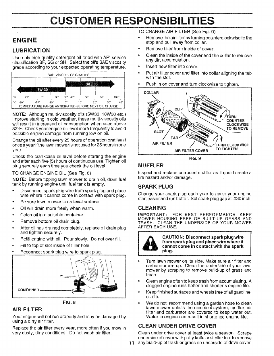 Customer responsibilities, Engine, Lubrication | Muffler, Spark plug, Cleaning, Clean under drive cover | Sears 975502 User Manual | Page 11 / 24