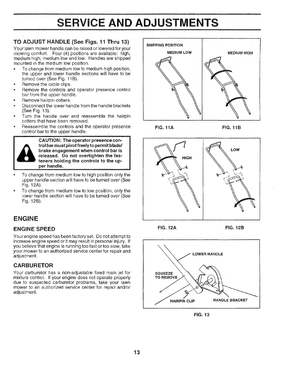 Service and adjustments, Engine, Engine speed | Carburetor | Sears 975502 User Manual | Page 13 / 24