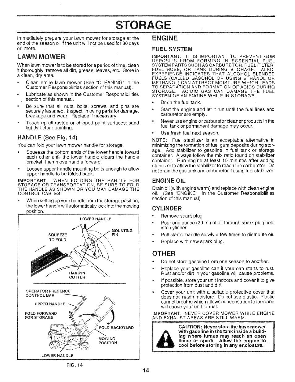 Storage, Handle (see fig. 14), Engine oil | Cylinder, Other, Lawn mower, Engine | Sears 975502 User Manual | Page 14 / 24