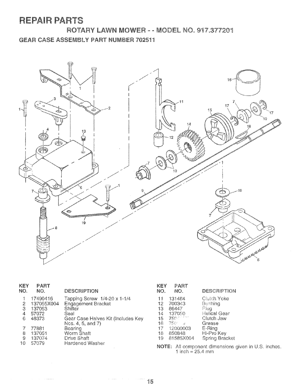 Repair parts | Sears 975502 User Manual | Page 15 / 24