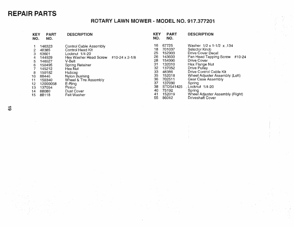 Repair parts | Sears 975502 User Manual | Page 19 / 24