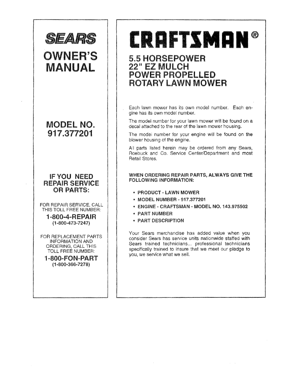 Owner’s manual, 800-fon-part | Sears 975502 User Manual | Page 24 / 24